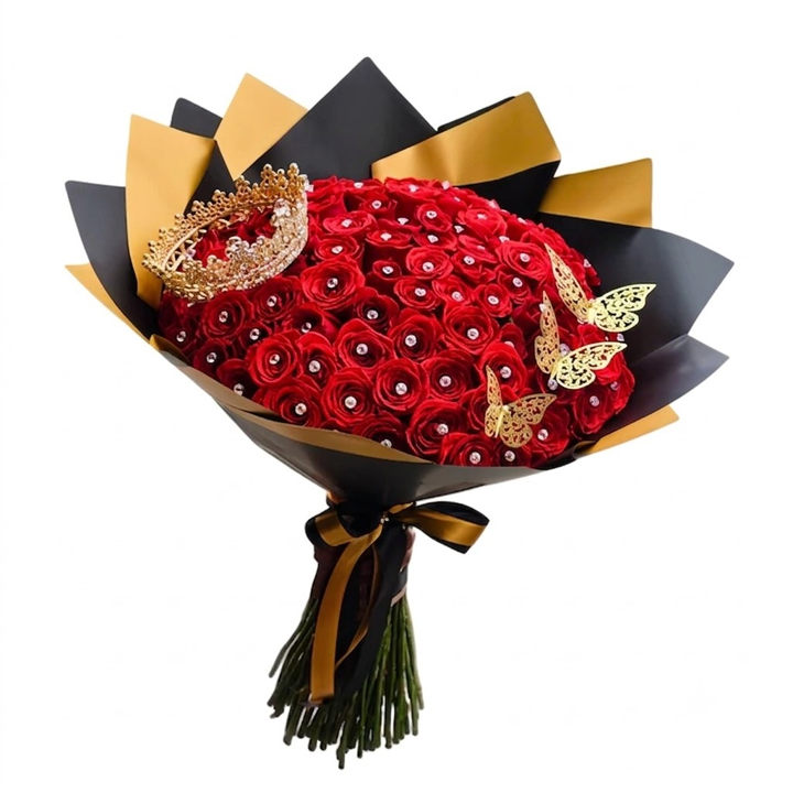 Bouquet of 100 roses with diamonds, butterflies, and a wreath