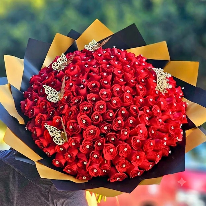 Bouquet of 200 roses with diamonds, butterflies, and a wreath