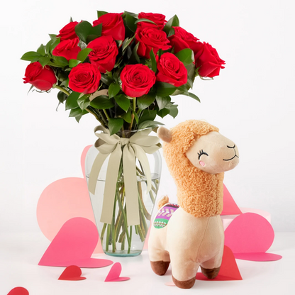 12 Red Roses with a Plush Flame