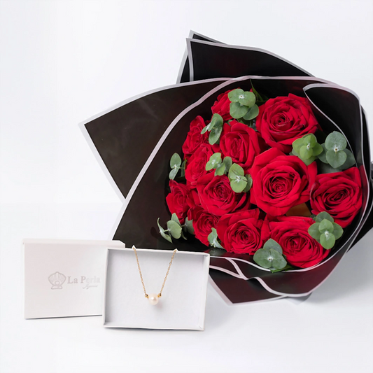 Cultured Pearl Necklace with Red Roses