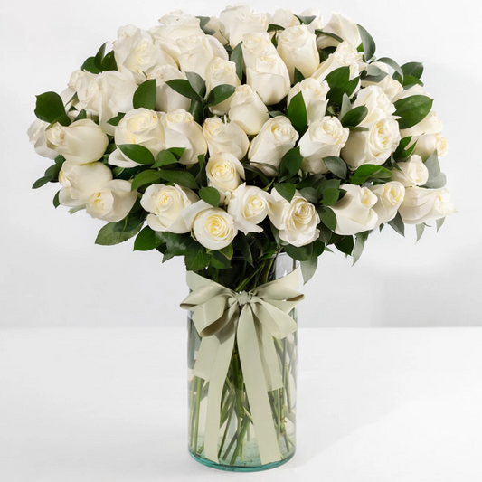 50 White Roses in a Vase