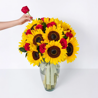 12 Red Roses with Sunflowers in a Vase