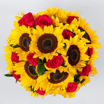 12 Red Roses with Sunflowers in a Vase