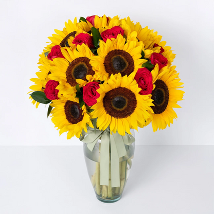 12 Red Roses with Sunflowers in a Vase
