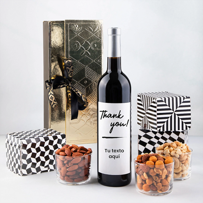 Personalized Red Wine with a “Thank You” Label and Snacks