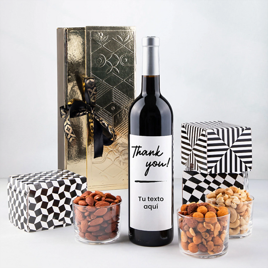 Personalized Red Wine with a “Thank You” Label and Snacks
