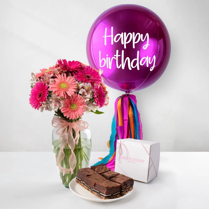 Birthday Kit: Brownies with a Gerbera Arrangement and a Balloon